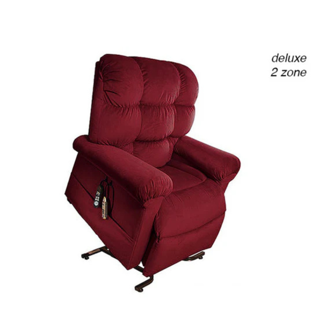 The Journey Perfect Sleep Reclining Lift Chair with Heat, in red, features plush cushioning, armrests, and a remote control. Its deluxe 2-zone design allows for adjustable comfort zones, offering therapeutic heat and massage for exceptional relaxation.